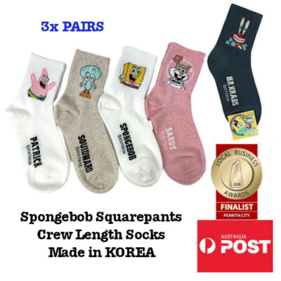 Women's Spongebob Squarepants Crew Length Ribbed Socks Made in KOREA 3 PAIRS