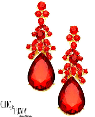 CLEARANCE RED GLASS CRYSTAL CHANDELIER EARRINGS FORMAL CHUNKY JEWELRY