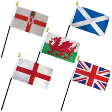 Set of 5 UK 4x6in Stick Flags United Kingdom Flag Set England Scotland Wales