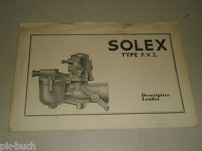 Broschüre Handbuch Descriptive Leaflet Solex F.V.2. Carburettor Vergaser, 1954