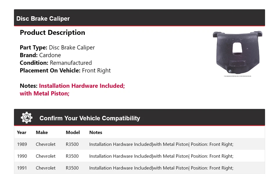 Pinza de freno de disco delantera derecha Cardone 1990 para Chevrolet R3500 1989-1991 Foto 2 de 4