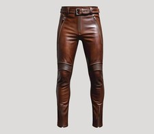 Handmade Men Leather Pant - Cow Leather Brown Slim fit Pant - Genuine Leather