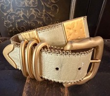 BB Simon Vtg Womens Leather Belt Cream Goldtone Studded Y2K USA