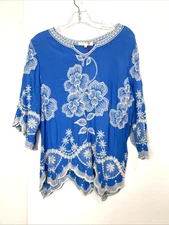Solitaire Embroidered Blouse Size S Floral Blue Intricate Flowy Boho Garden