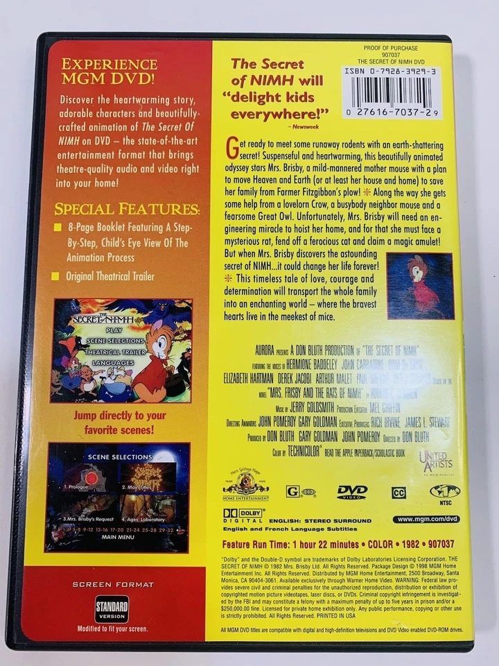 The Secret of NIMH (DVD, 1998) Don Bluth Animated Movie - Image 2 of 4