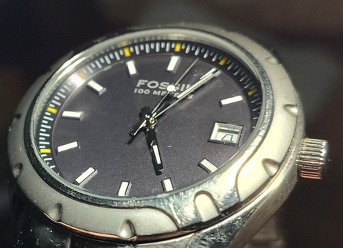 Vintage Fossil Blue AM-4065 Watch Date Stainless Black Dial Quartz Analog Sm 7" - Picture 11 of 11