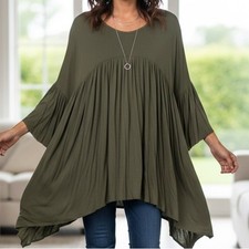 Kay's Closet Olive Green Pleated Babydoll Tunic Bell Sleeve Boho Made in USA L