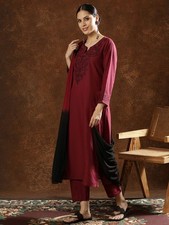 Women Maroon Embroidered Kurta Pant Set With Dupatta Indian Ethnic Wear