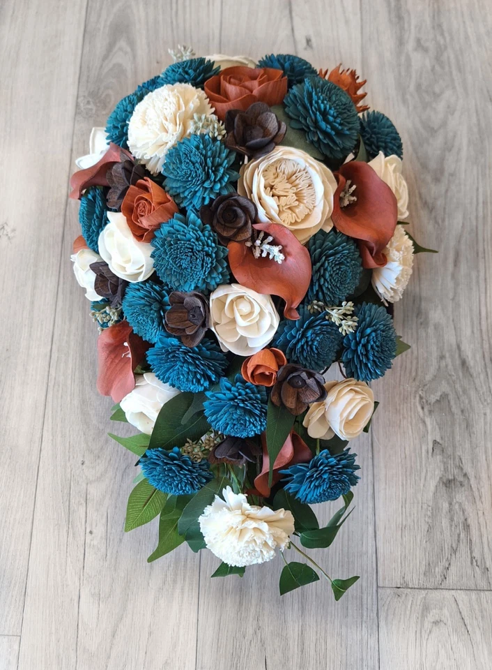 Teal & Burnt Orange Bride Bouquet Sola Wood Cascade Calla Lily Wedding Flowers - Image 2 of 2