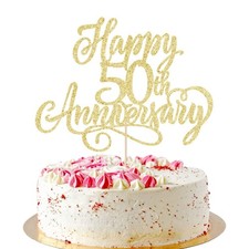 Happy 50th Anniversary Cake Topper Gold Glitter Wedding Birthday Party Decor