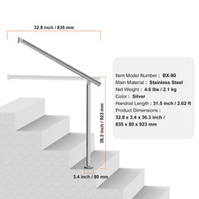 Outdoor Step Handrail Deck Railing Kit Wall Floor Mount Adjustable 0-60°