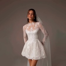 A-Line Lace Mini Wedding Dress Simple High Neck Long Sleeves Short Bridal Gowns