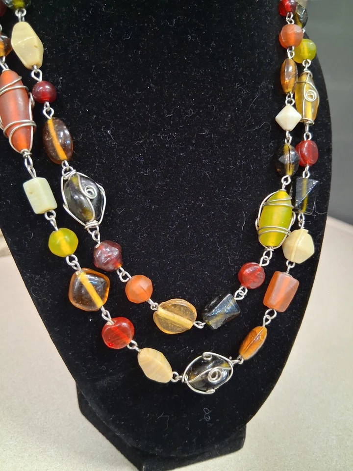 Double Strand Necklace W/Red, Amber, Cream, And Green Glass/Stone Beads - Image 4 of 4