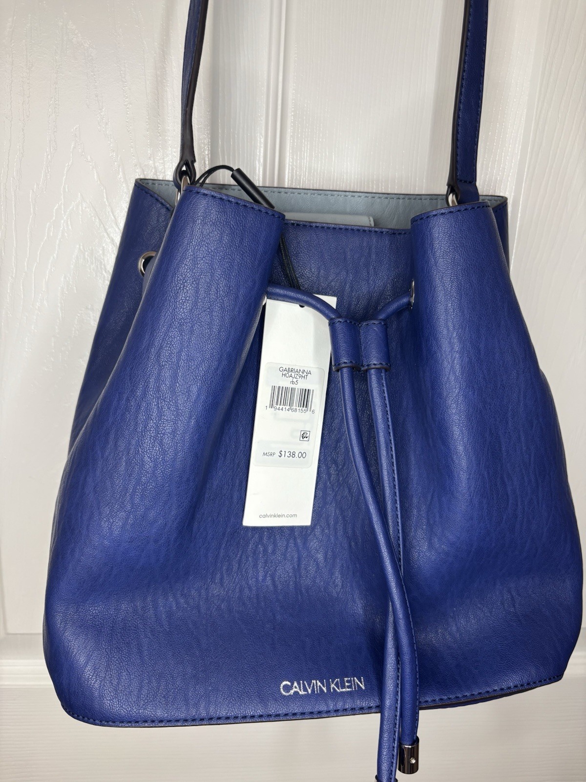 Calvin Klein Blue Gabrianna Pebbled Bucket Bag w/Drawstring,& Adjustable Strap