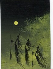 ACEO Original Acrylic Whimsical Witches Broomsticks Painting Collectible HYMES