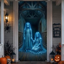 Halloween Decorations Door Cover Large Scary Twins Door Banner 79x35 Inch