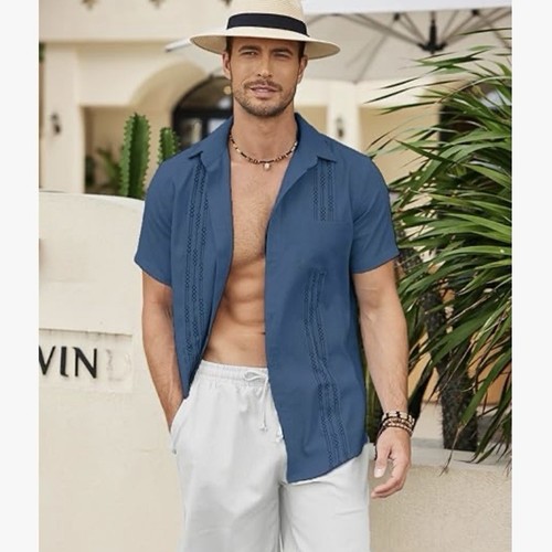 COOFANDY Linen Blend Casual Cuban Guayabera Short Sleeve Beach Shirt Mens L - 第 5/7 張圖片