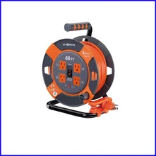Compact 60 ft Extension Cord Reel - 4 High-Visibility Outlets for Outdoor Use