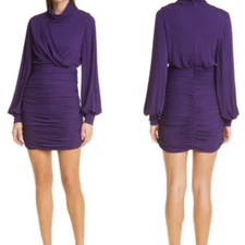 NWT Ronny Kobo Harper Ruched Mini Dress with Balloon Sleeves Purple Eggplant S