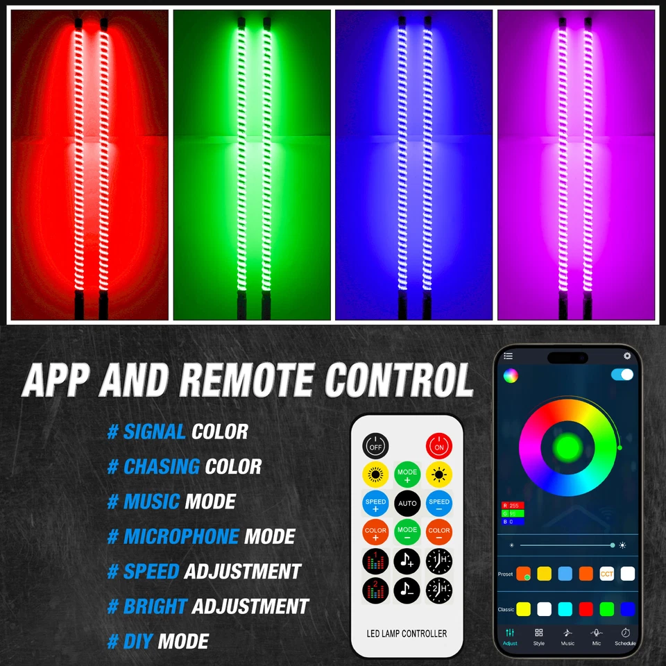 Antena remota de luz LED en espiral COB de 2 piezas de 3 pies con bandera para Kawasaki Teryx Mule Foto 4 de 4