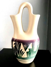 VTG Navajo Ceramic 10"WEDDING VASE Vessel by R SILAS  2 Spouts  Sgraffito Design