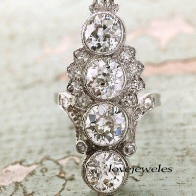 Stone Art Deco Vintage Round Cut Lab-Created Diamond Ring 14K Gold  Over