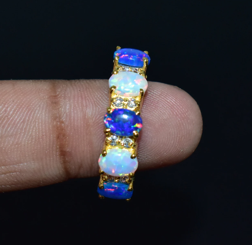 Sterling Silver Opal Wedding Engagement Band with Created Opal Stone-image