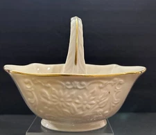 LENOX SANS SOUCI BASKET IVORY PORCELAIN GOLD TRIM HANDLE FLORAL EMBOSSED VINTAGE