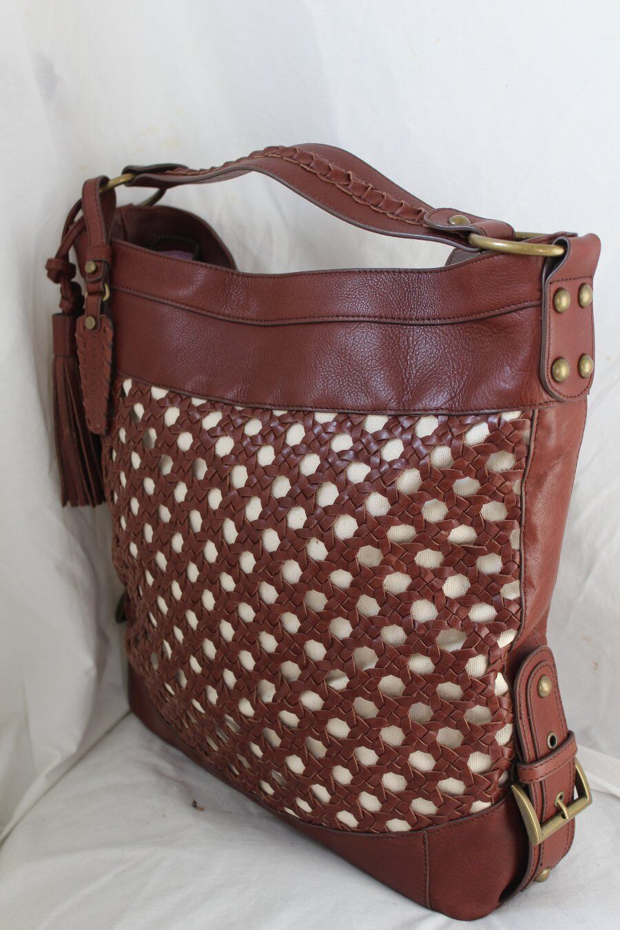 Isabella Fiore Large Brown Woven Leather Linen Ta… - image 1