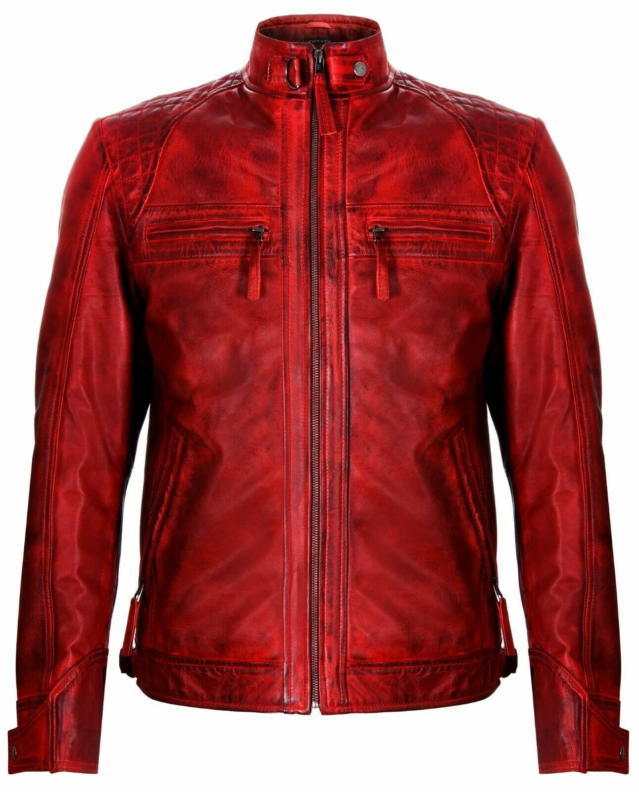 Men's Vintage Red Retro Casual Zipped 100% Leather Racing Quilted Biker Jacket