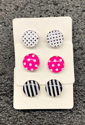 3 pairs of handmade 10 mm wide black/white.pink/white acrylic stud earrings