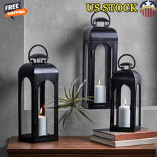 Decorative Black Metal Lantern Pillar Candle Holder Indoor Outdoor Accent Piece