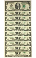 10 Consecutive Serial # US $2 DOLLAR BILLS Uncirculated in 10-Pocket PORTFOLIO