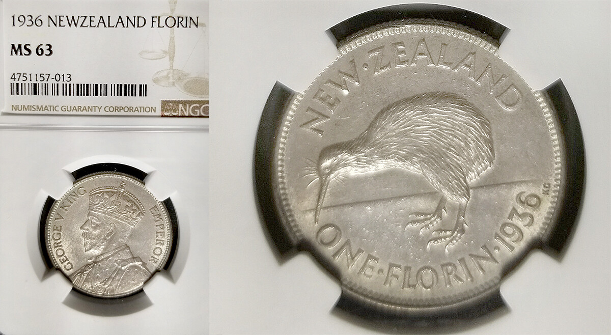 New Zealand 1936 Florin, Rare Key Date, NGC 63 Superb Gem, High
