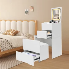 Makeup Table & Vanity Desk with Lighted Mirror Space Saving Dressing Table White
