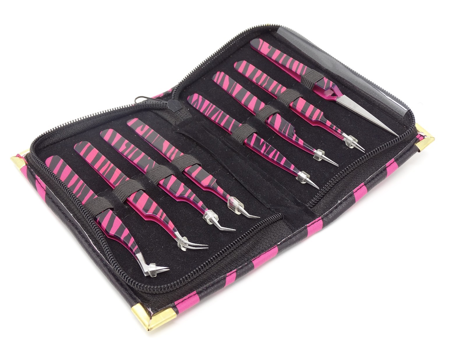 Eyelash Extension Tweezers Fine Point  8 Piece Stainless Steel PINK BLACK ZEBRA 