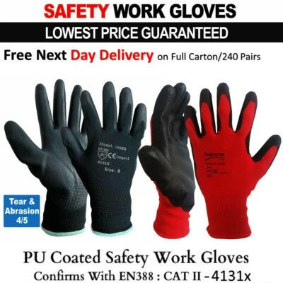 RED BLACK Nylon PU Coated Safety Work Gloves Builders Construction 1 - 240 Pairs