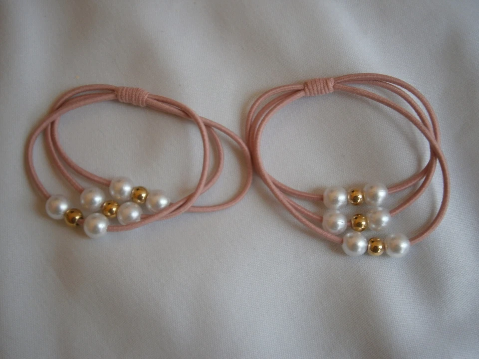 2 Wedding  Hair Accessory Pink Elastic Ponytail with Pearls & Gold Balls - Image 3 of 3