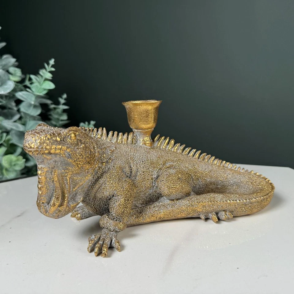 Golden Iguana Dinner Candle Holder Vintage Finish 12x26x14cm - Image 3 of 4