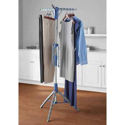 Space-Saving 2-Tier Steel Tripod Hanging Clothes Drying Rack, Blue/Silver