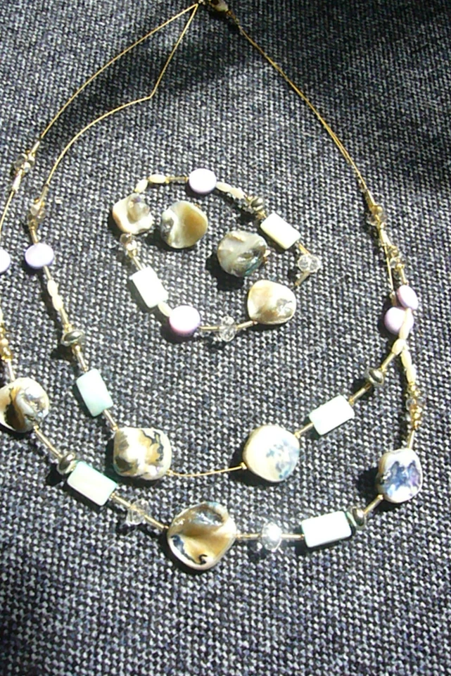 Perlmuttartiges 3 tgl Modeschmuck Set türkis Kette, Armband, Clip-Ohrringe - Bild 3 von 4