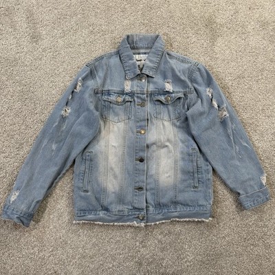 Between Us Distressed Denim Jacket S Light Wash Button Front Trucker Casual