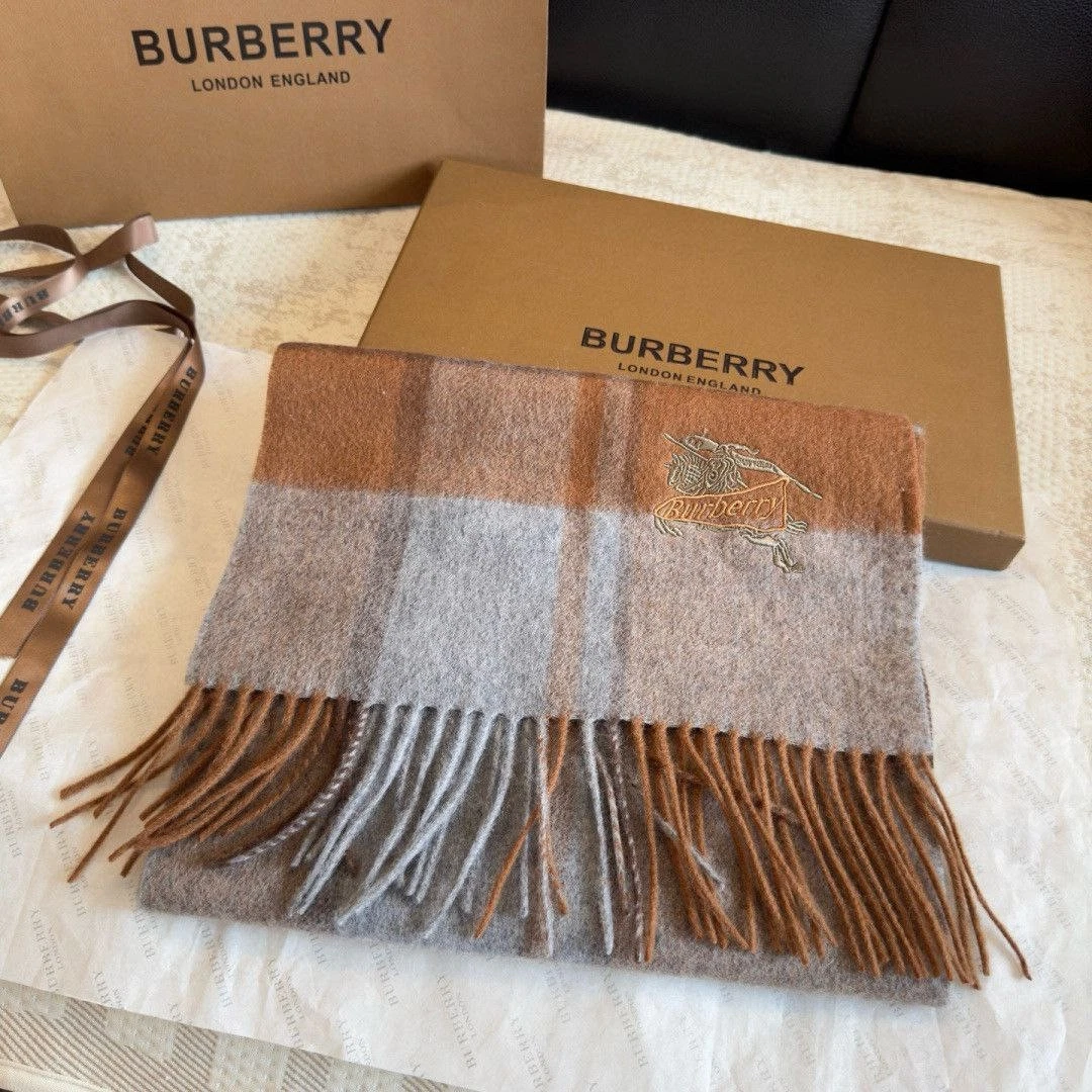 Burberry — Burberry Cashmere Scarf with Knight Logo Embroidery – Brown Grey Plaid – Luxury