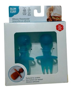 Bumkins Silicone Chewtensils Blue Spoon & Fork Set Dishwasher Safe 6+ Months