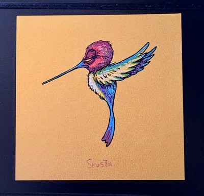 Marq spusta art print 7.5cm x 7.5cm hummingbird on gold background UV reactive