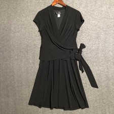 Connected Apparel Dress Womens 10 Black Faux Wrap Tie Waist Short Sleeve A-Line