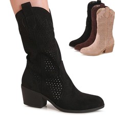 Damenschuhe Cut Out Stiefeletten Velours Western Cowboy Stiefel Booties 