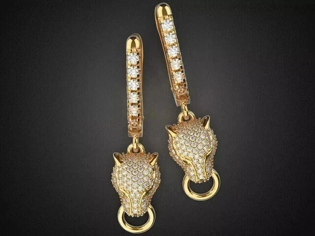 Panther Drop Earring 2Ct Round Lab Created Diamond 14k Yellow Gold Plated Silver - Image 2 of 3