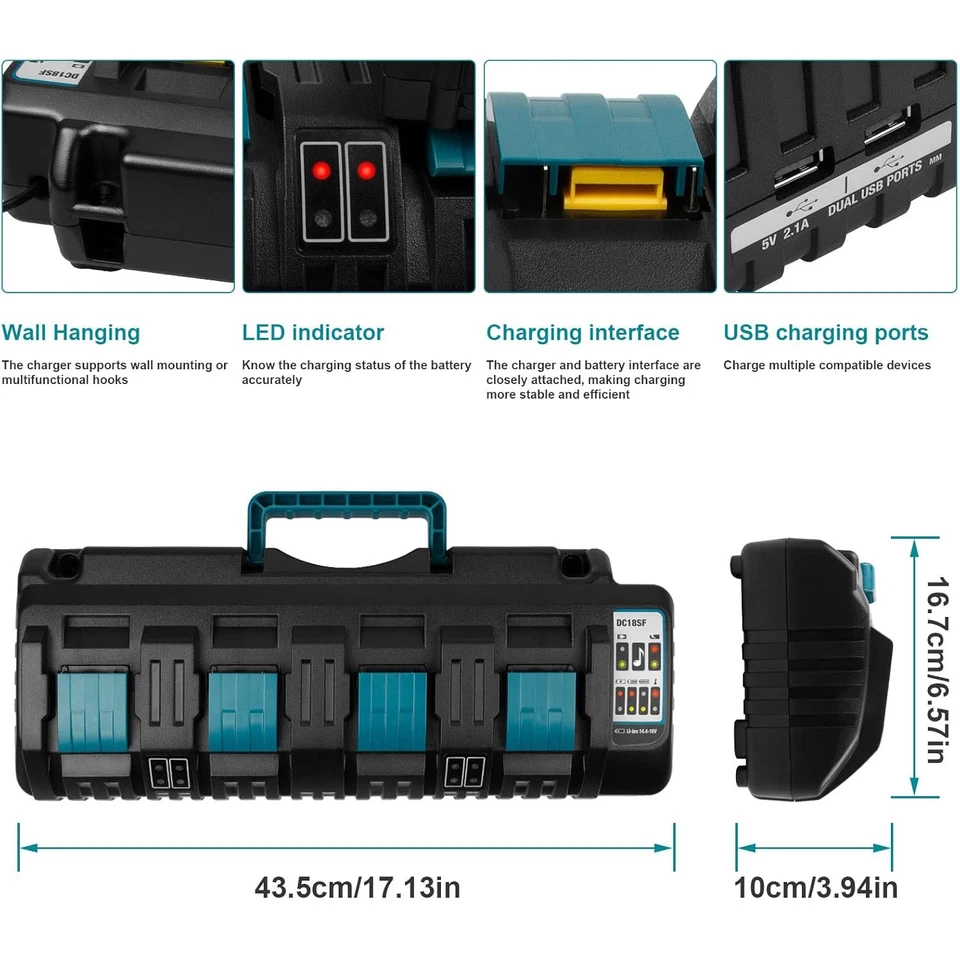 DC18SF 14,4V-18V 4 Fach Schnellladegerät für Makita BL18 BL14 Serie Ladegert DE - Bild 3 von 4