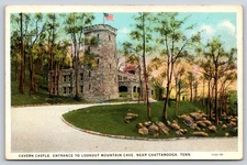 Chattanooga Tennessee~Lookout Mt Cave Entrance~Cavern Castle~USA Flag~1920s PC